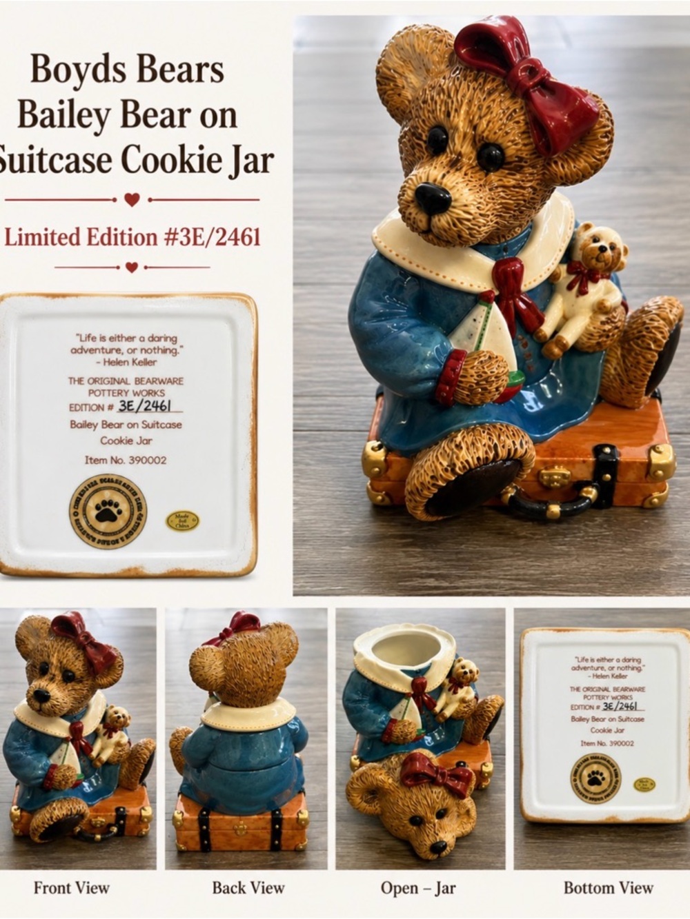 Boyds Bears Bailey Bear onSuitcase/ceramic Cookie Jar/ Limited Edition #3E/2461